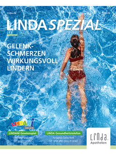 Cover der LINDA Spezial zum Thema Gelenkschmerzen mit Frau im Schwimmbad von oben auf blauem Wasserhintergrund.