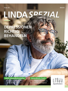 Titelcover der LINDA Spezial. Ein älterer Mann mit Brille und grauen Bart blickt nachdenklich zur Seite. Das Titelthema lautet: “Depression richtig behandeln”.